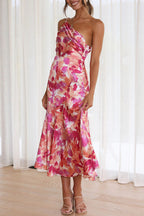 Abstract Floral Print One Shoulder Ruched Mermaid Hem Midi Dress