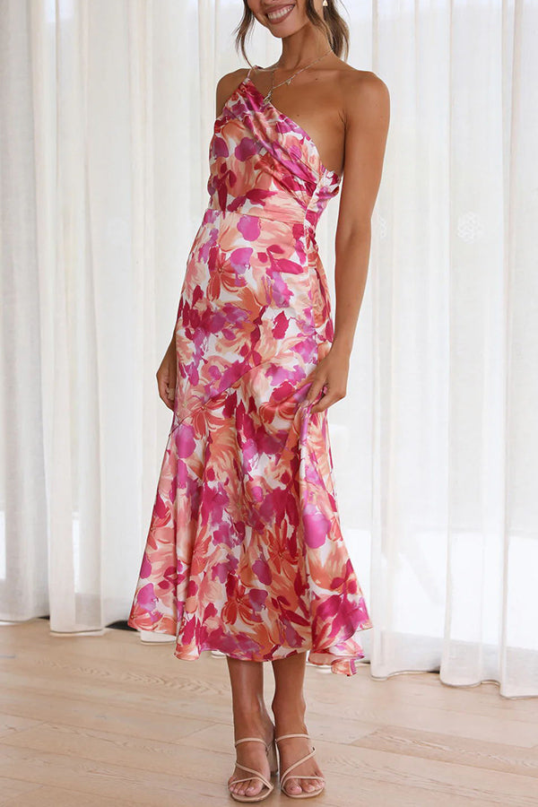 Abstract Floral Print One Shoulder Ruched Mermaid Hem Midi Dress