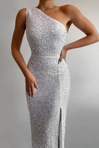 Sequin One Shoulder Beaded Trim High Split Bodycon Maxi Gown