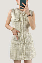 Pearl Embellished Neckline Button Front Fringe Trim Tweed Mini Dress