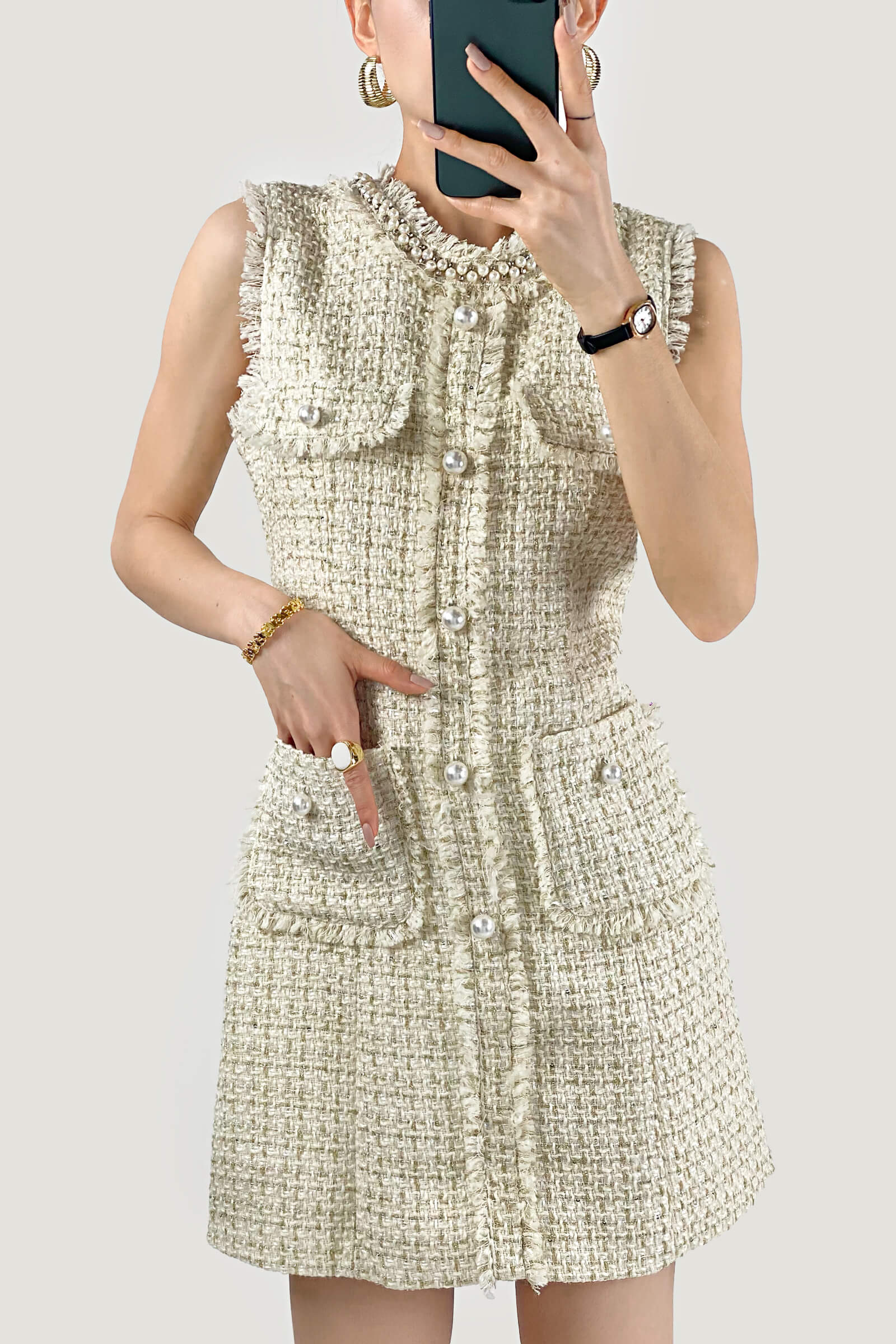 Pearl Embellished Neckline Button Front Fringe Trim Tweed Mini Dress