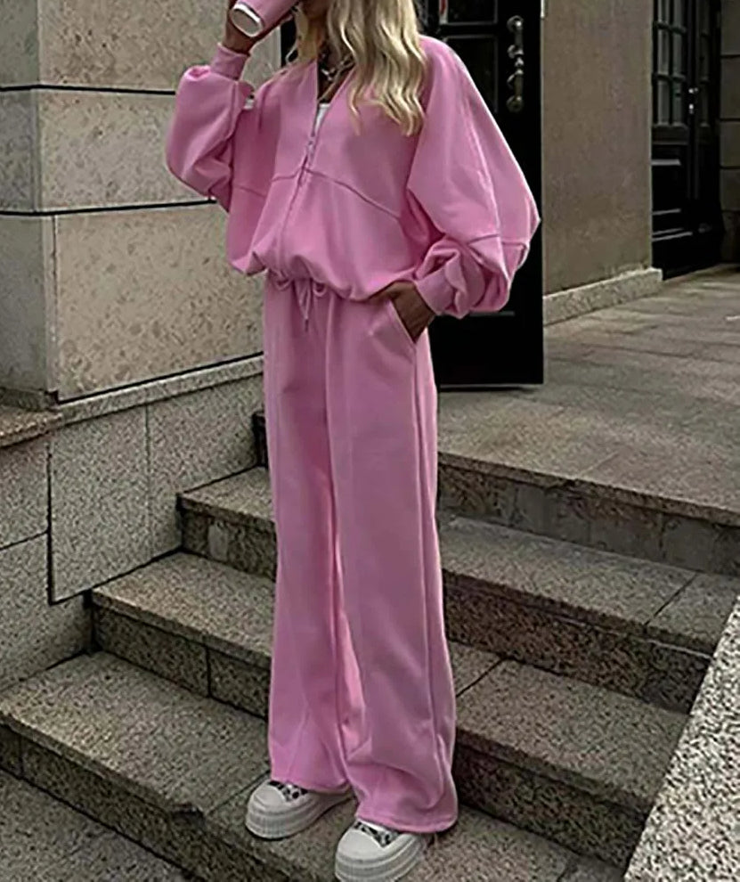 Pink Loose Zipper Drawstring Office Two Piece Set