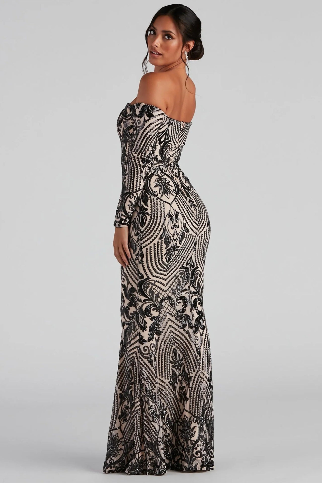 Sequin Off Shoulder Long Sleeve Mermaid Maxi Formal Gown