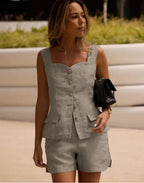 Khaki Cotton Slim Sleeveless Office Two Piece Set