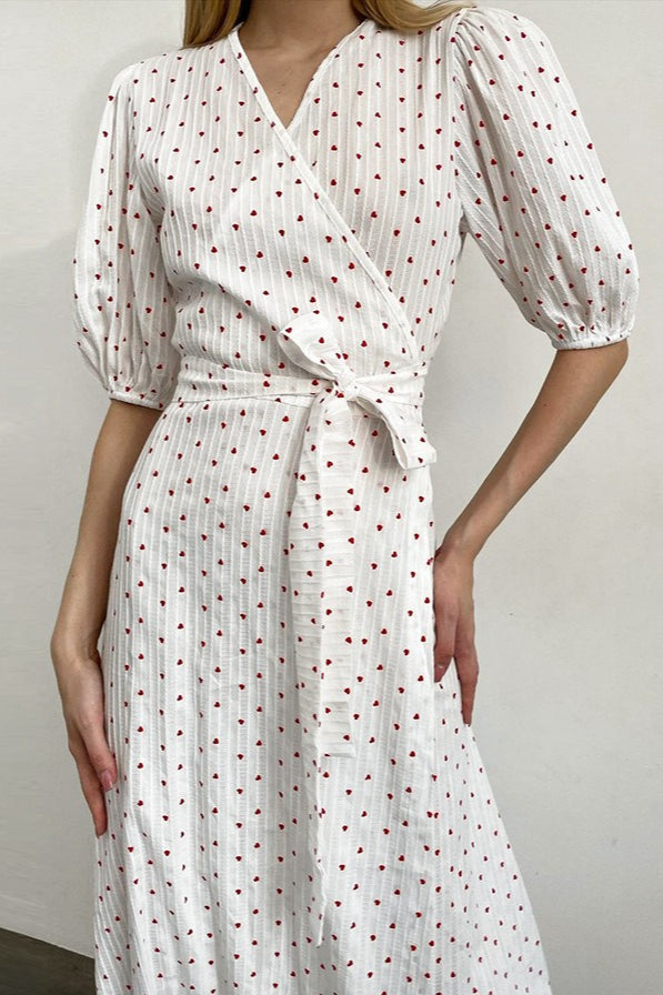 White Cotton Heart Print V-Neck Wrap Maxi Dress