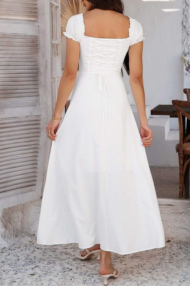 Off Shoulder Puff Sleeve Tie Front Corset Bodice A Line Midi Dress