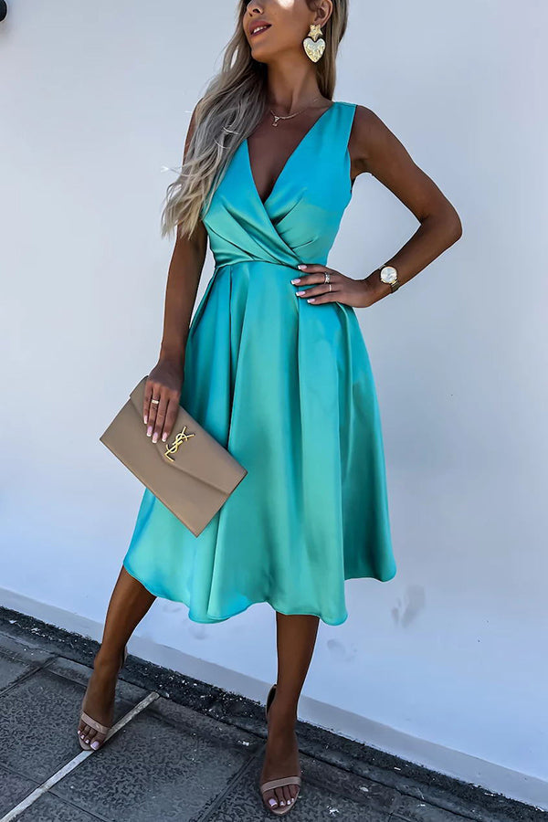 Satin Wrap V-Neck Ruched Waist Fit and Flare Midi Dress