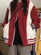 Corduroy Color Block Splice Embroidery Jacket
