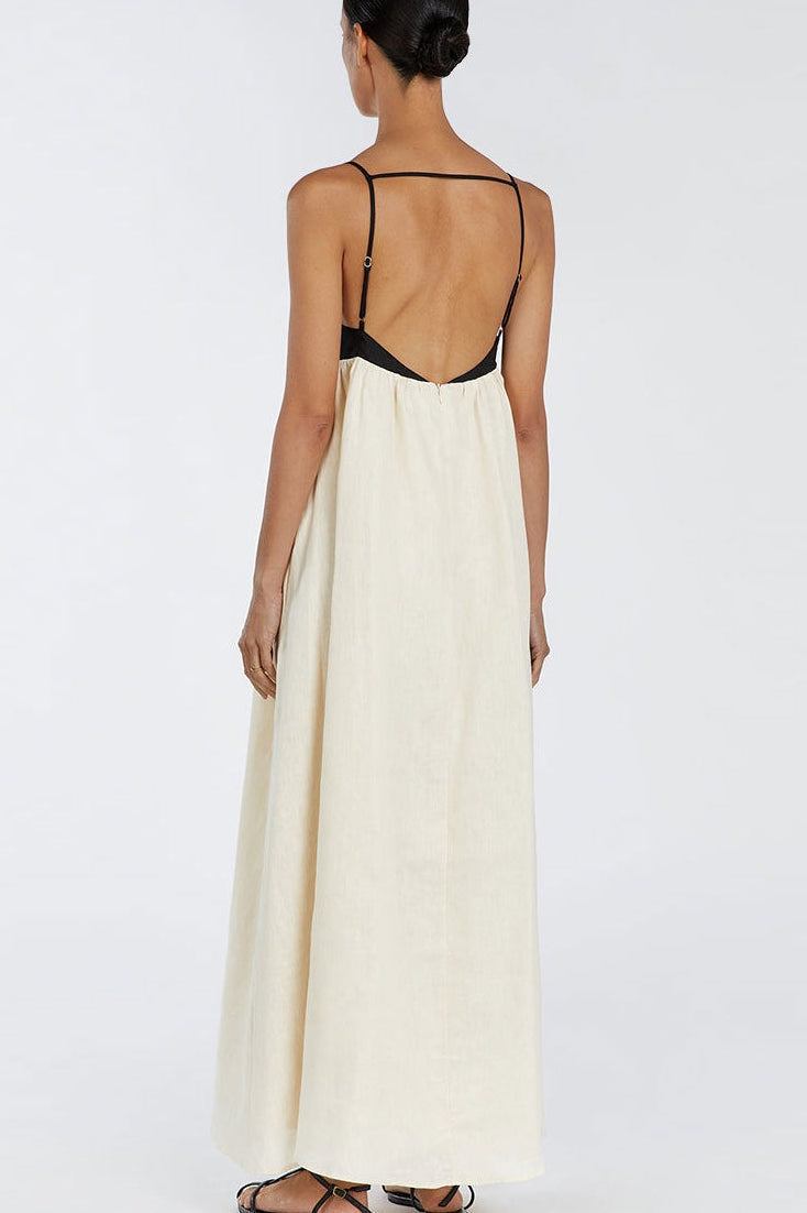 Beige Spaghetti Strap Square Neck Empire Waist Gathered Patchwork Maxi Dress