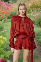 Iridescent Cold Shoulder Puff Sleeve Cut Out Ruffle Hem Mini Dress