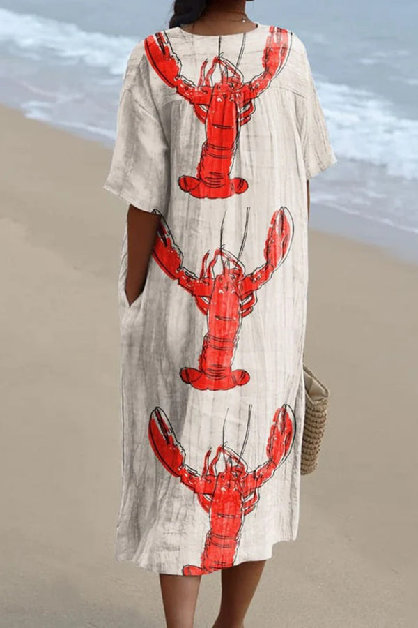 Lobster Print V-Neck Short Sleeve Nautical Stripe Hem Shift Midi Dress