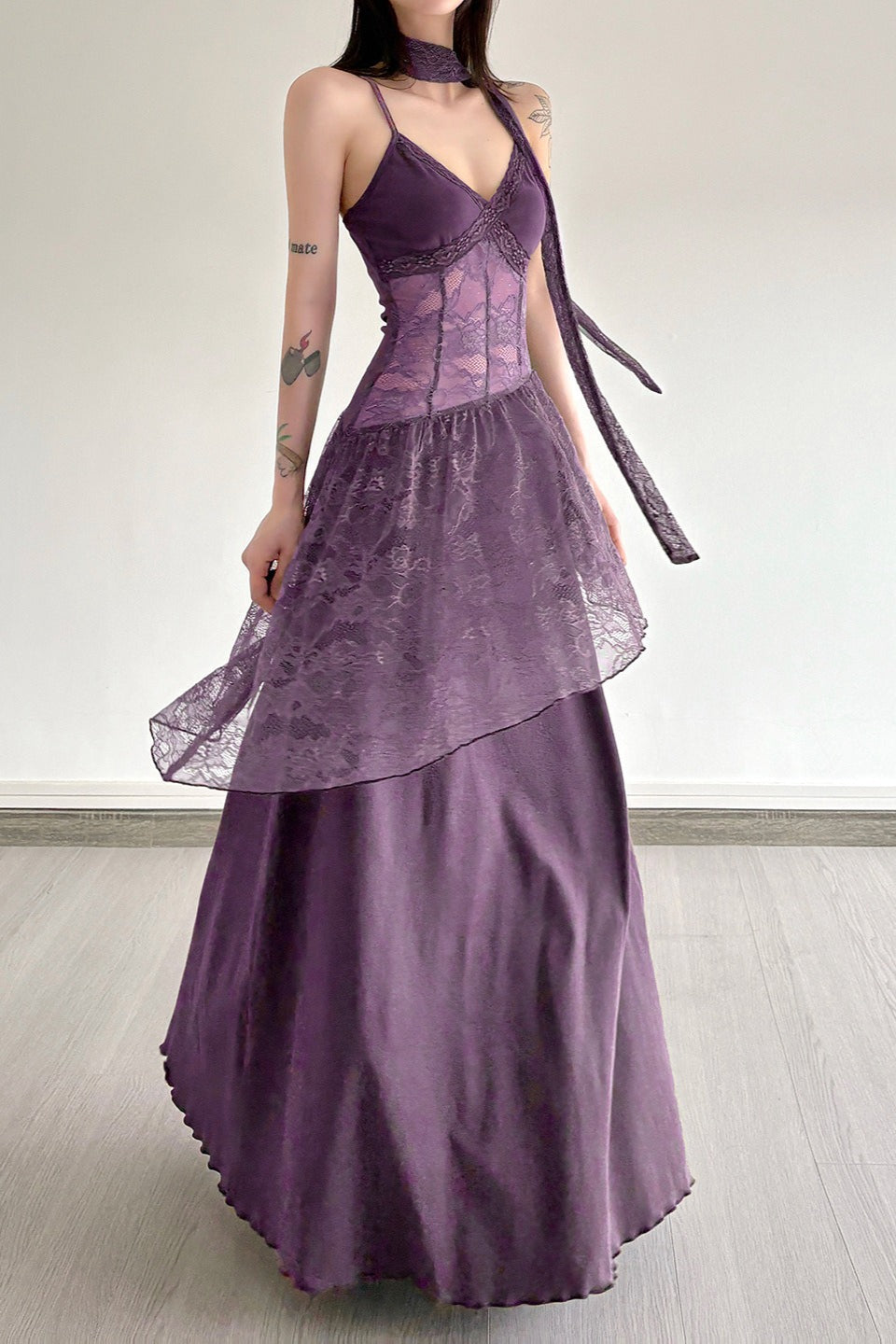 Lace Panel Spaghetti Strap Waist Tie Asymmetric Overlay Maxi Dress