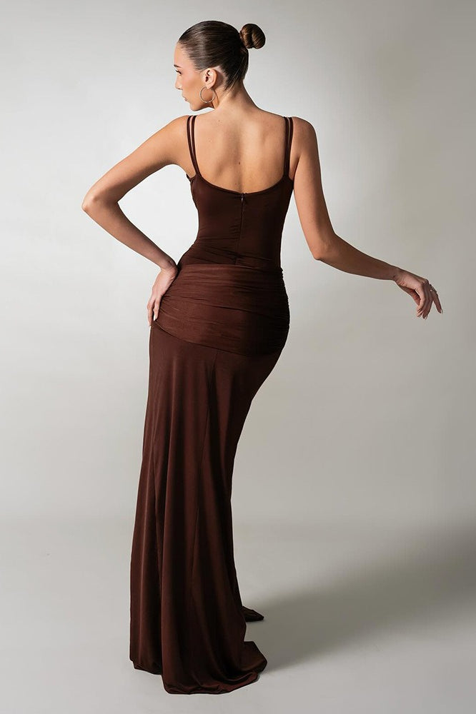 Crossover Strap Sweetheart Keyhole Ruched Drape Thigh Slit Maxi Dress