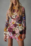 Mock Neck Long Sleeve Sheer Mesh 3D Floral Applique Mini Dress