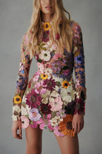 Mock Neck Long Sleeve Sheer Mesh 3D Floral Applique Mini Dress