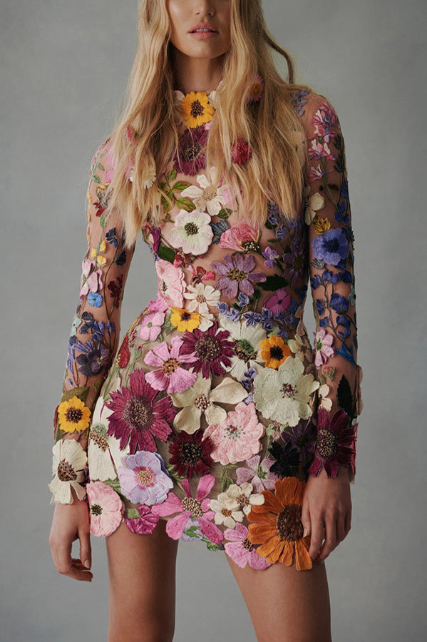 Mock Neck Long Sleeve Sheer Mesh 3D Floral Applique Mini Dress