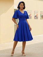 V Neck Ruched Front Button Decor Flutter Sleeve Retro Swing Dress For Women 2026