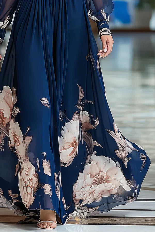 Floral Print Patchwork Mesh Long-sleeved V-neck Fitted Waist Maxi Dress