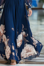 Floral Print Patchwork Mesh Long-sleeved V-neck Fitted Waist Maxi Dress