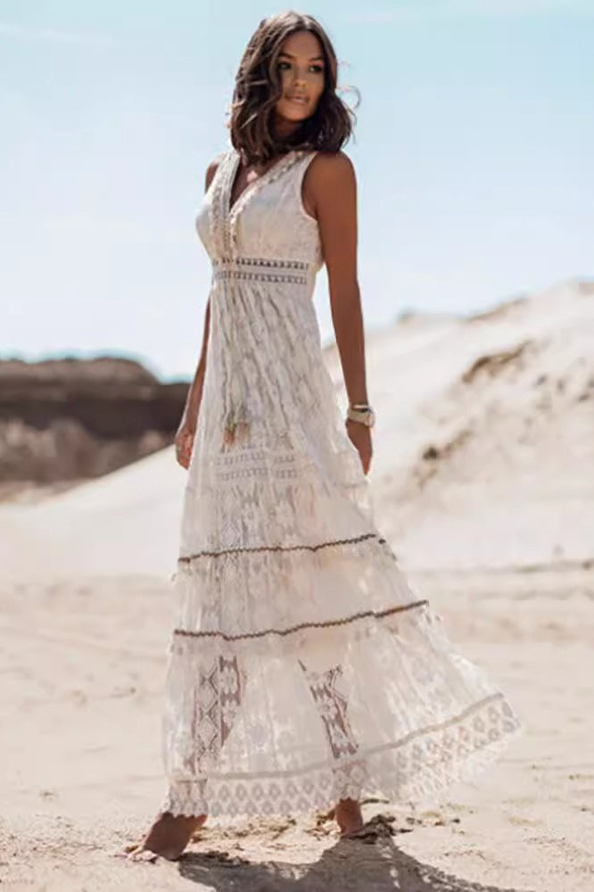 Lace Crochet Deep V-Neck Empire Waist Tiered High Split Maxi Dress