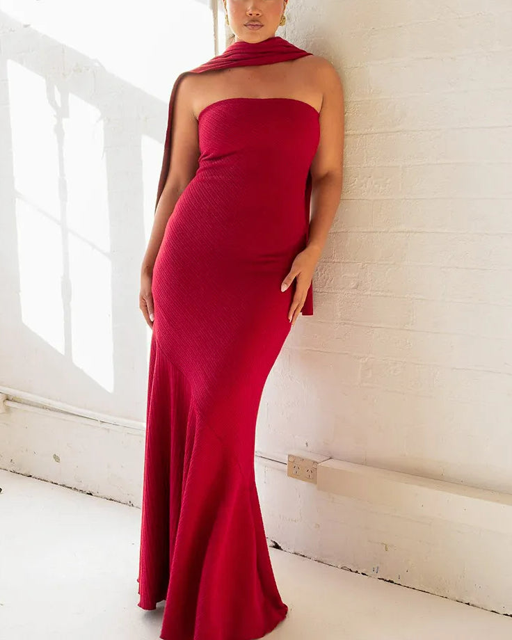 Strapless Pleated Scarf Neck Wrap Mermaid Maxi Gown