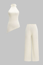 Halter Neck Backless Asymmetrical Tank Top And Wide Leg Trousers Set