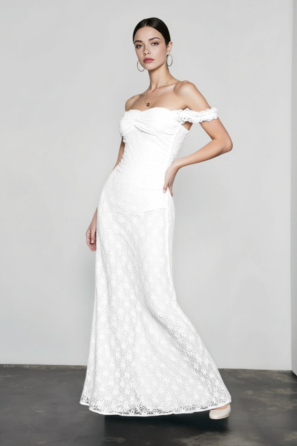 Off Shoulder Sweetheart Neck Floral Lace Scalloped Trim Column Maxi Gown