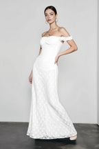 Off Shoulder Sweetheart Neck Floral Lace Scalloped Trim Column Maxi Gown