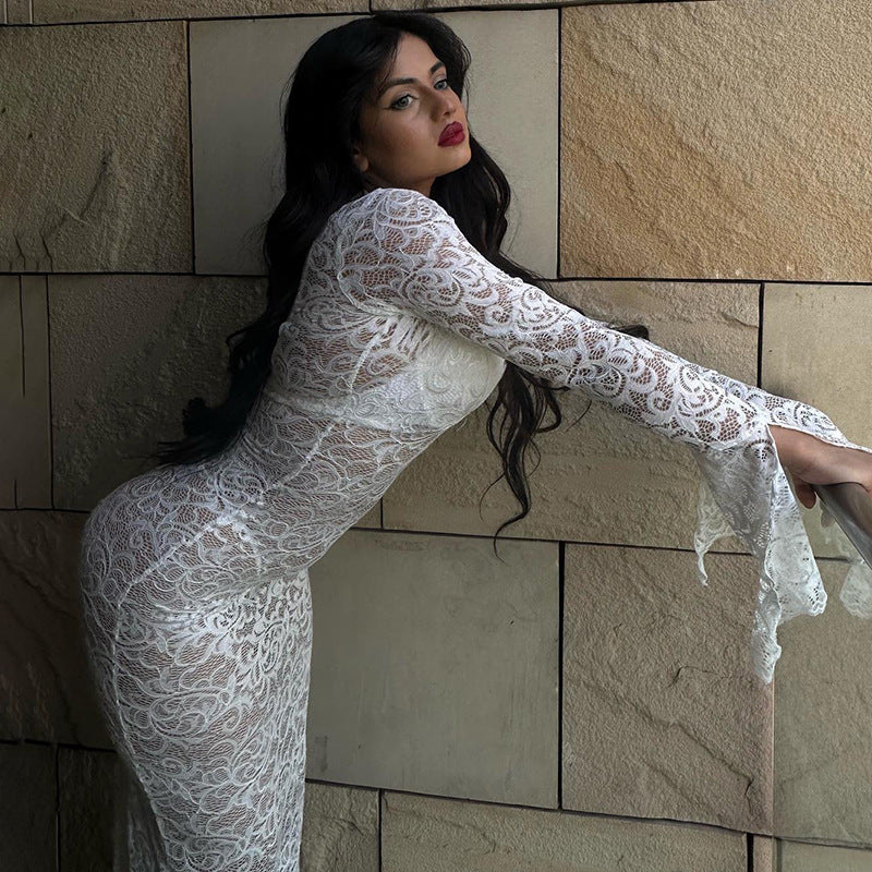 Lace Deep V-Neck Bell Sleeve Mermaid Maxi Dress