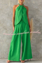 Gette Linen Blend Slit Front Top and High Rise Knoted Pocket Wide Leg Pants Set