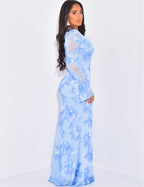 Scoop Neck Sheer Bell Sleeve Floral Sequin Embellished Mermaid Maxi Gown
