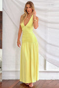 Halter Neck Deep V Ruched Bodice Flowing Maxi Dress