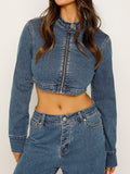 Splice Zip Up Slim Denim Short Jacket