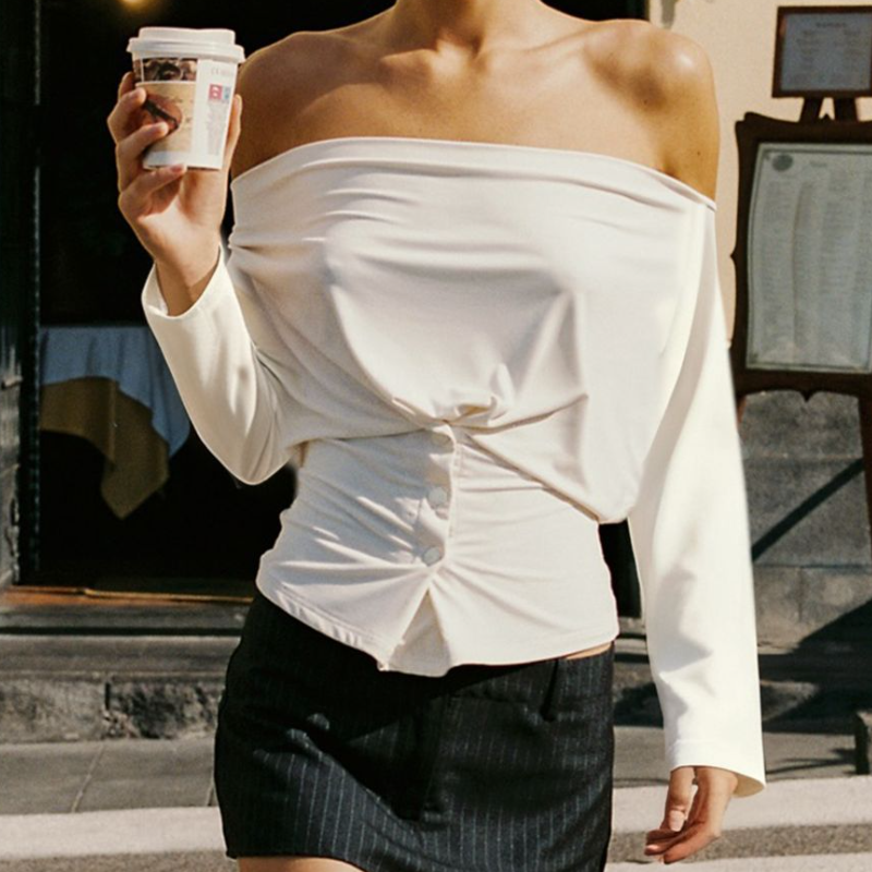 Off shoulder long sleeve ruched button top  | Festival Outfits Women