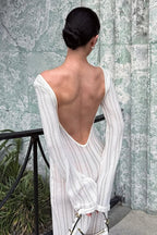 Deep V-Neck O-Ring Keyhole Plisse Flare Cuff Backless Maxi Sweater Dress