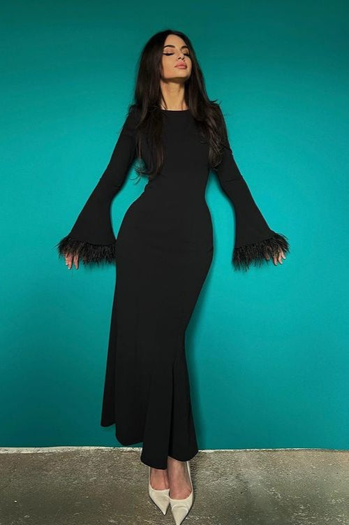 Black Feather Trim Bodycon Maxi Sweater Dress