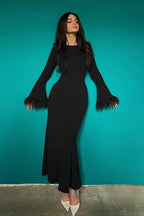 Black Feather Trim Bodycon Maxi Sweater Dress