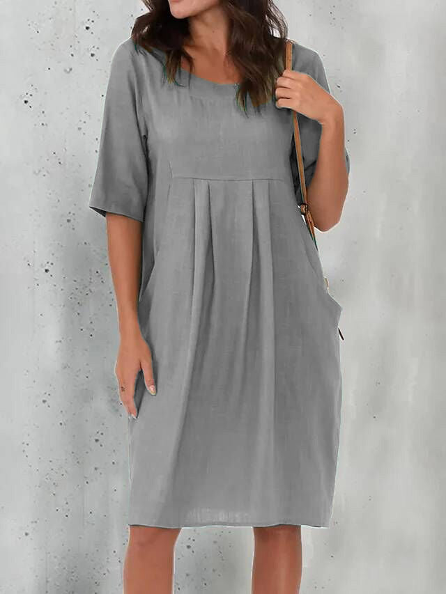 Pleated Pocket Loose  Short-sleeved Dress