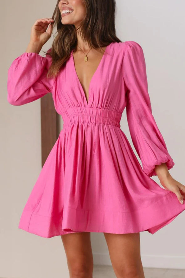 Deep V-Neck Puff Sleeve Smocked Waist Fit and Flare Mini Dress