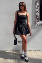 Square Neck Ruffle Strap Button Front Drop Waist Fit and Flare Mini Dress
