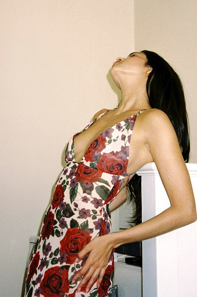 Floral Print Deep V-Neck Spaghetti Strap Bodycon Maxi Dress