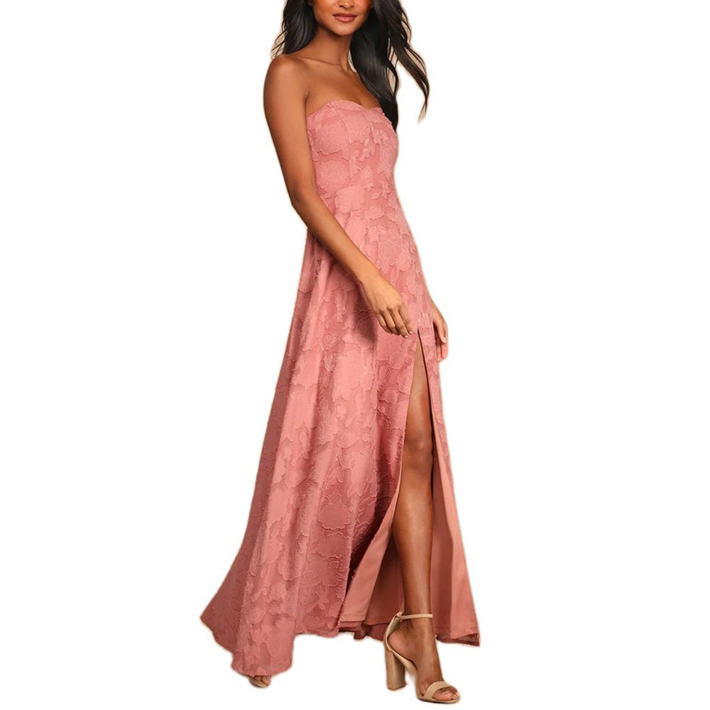 Embroidered Strapless Dress with Front Slit