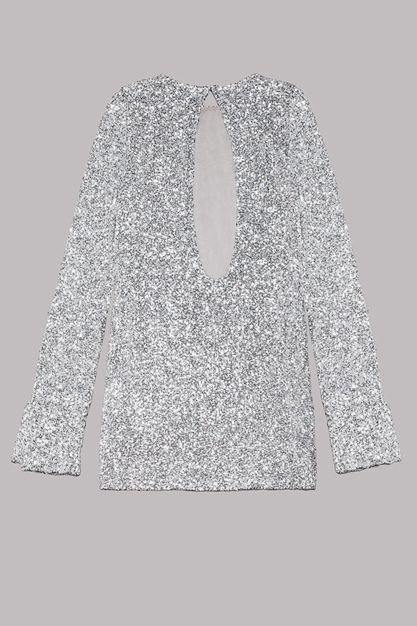 Sequin Open Back Oval Cutout Long Sleeve Mini Dress