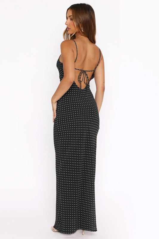 Polka Dot Square Neck Spaghetti Strap Knit Bodycon Maxi Dress