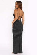 Black Polka Dot Cami Bodycon Maxi With Side Slit Dress