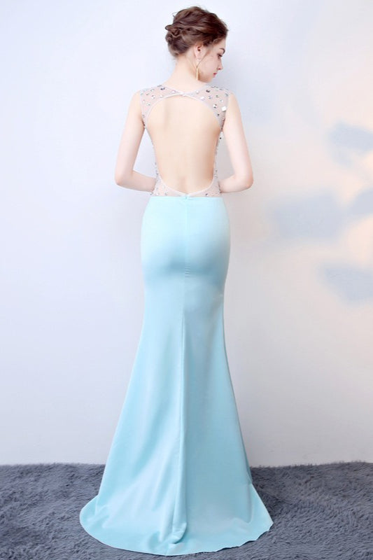 Blue Sheer Deep V-Neck Maxi Dress