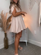 Crochet Trim Flutter Sleeve Henley Button Front Babydoll Mini Dress
