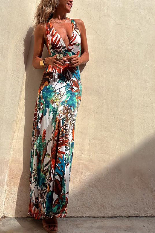 Tropical Print Cross Back Cut Out Backless Halter Maxi Dress