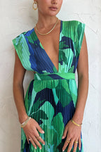 Pleated Deep V-Neck Sleeveless Abstract Floral Print Maxi Dress