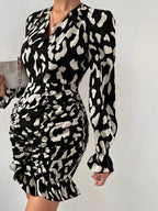 Leopard Print V-neck Tie Waist Bodycon Mini Dress Party Dress